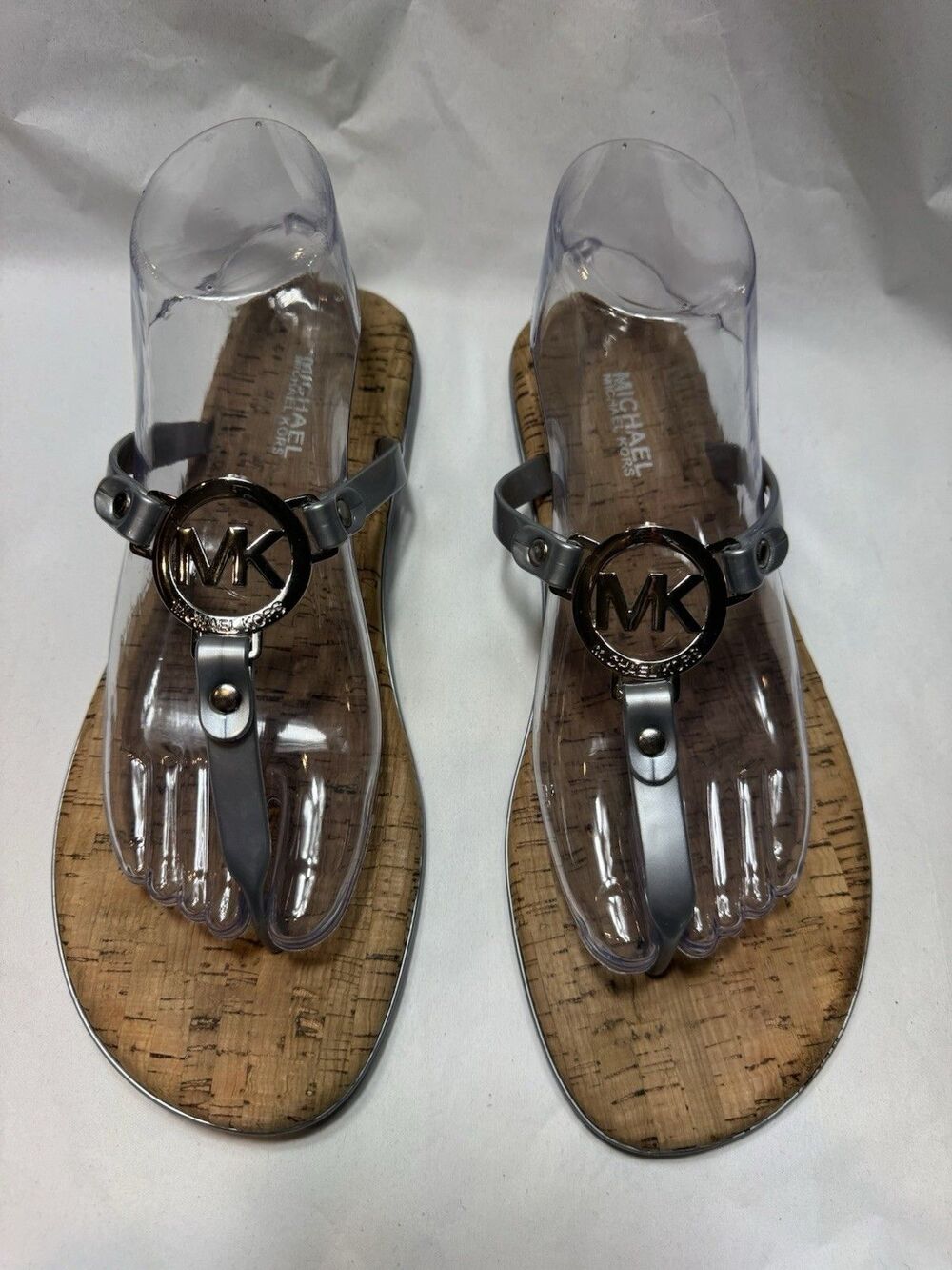 Michael Kors MK Charm Jelly Thong Sandals Silver PVC Strap w/ Cork Footbed Sz 10